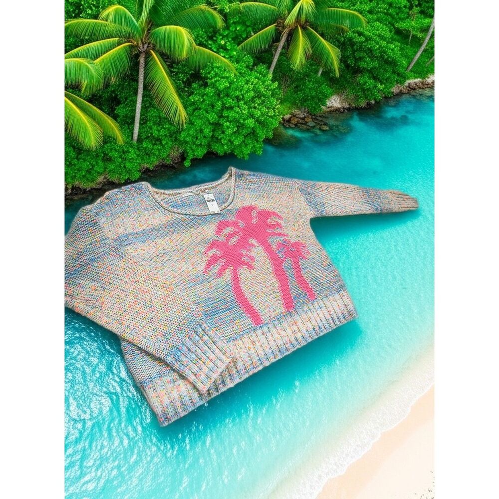 Anthro NWT Pink Palm Leaf Knit Sweater - Lge,  Tropical Coastal Luxe-Island Girl